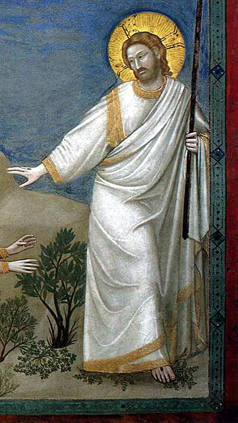 Detail of Jesus from Giotto di Bondone, "Scenes from the Life of Christ: 21. Resurrection (Noli me tangere)", 1304-1306, Scrovegni Chapel, Padua