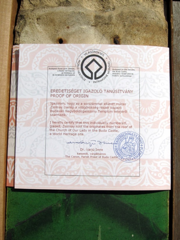 Matthias Church tile certificate